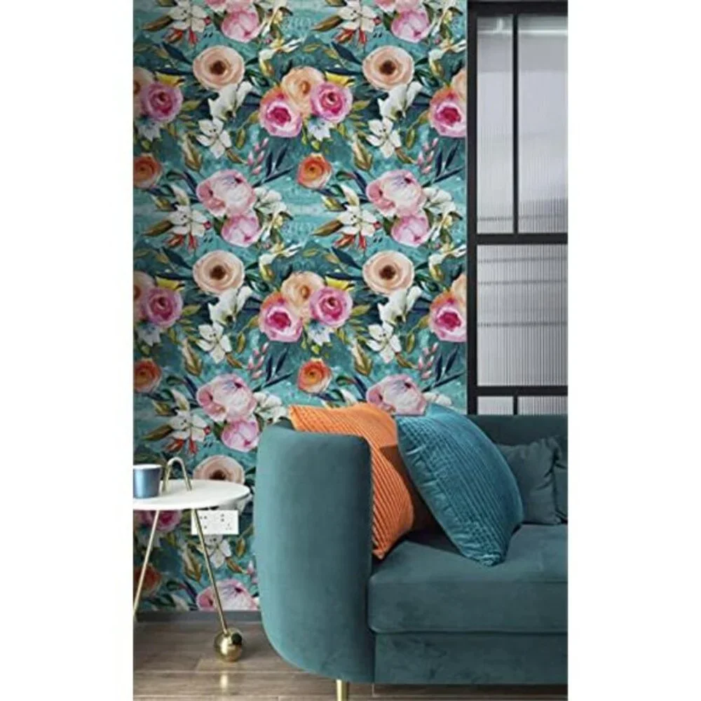 Floral Peel and Stick Wallpaper Teal Green/Pink Removable, 17.7in x 6.5ft